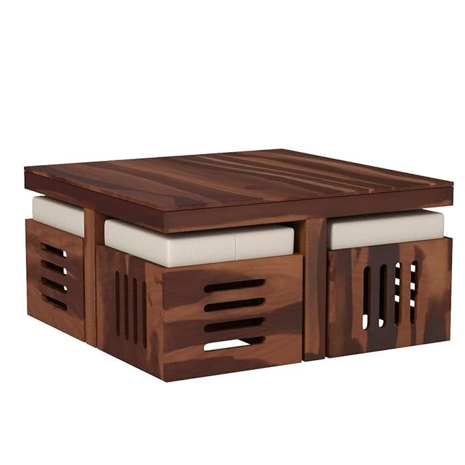 Solid Wood Coffee Table | Coffee Table for Living Room with stools (Finish Color -Teak Finish with Cream Cushion)