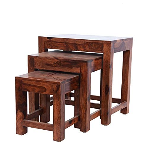 Sheesham Wood Nesting Stools for Living Room, Wooden Tables, Set of 3, Brown