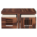 Solid Wood Coffee Table | Coffee Table for Living Room with stools (Finish Color -Teak Finish with Cream Cushion)