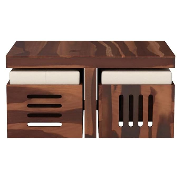 Solid Wood Coffee Table | Coffee Table for Living Room with stools (Finish Color -Teak Finish with Cream Cushion)
