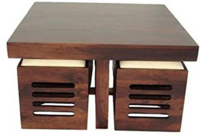 Sheesham Wood Coffee Table for Living Room with Capsule Cut Stool
