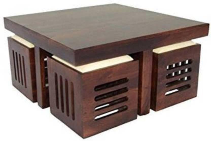 Sheesham Wood Coffee Table for Living Room with Capsule Cut Stool