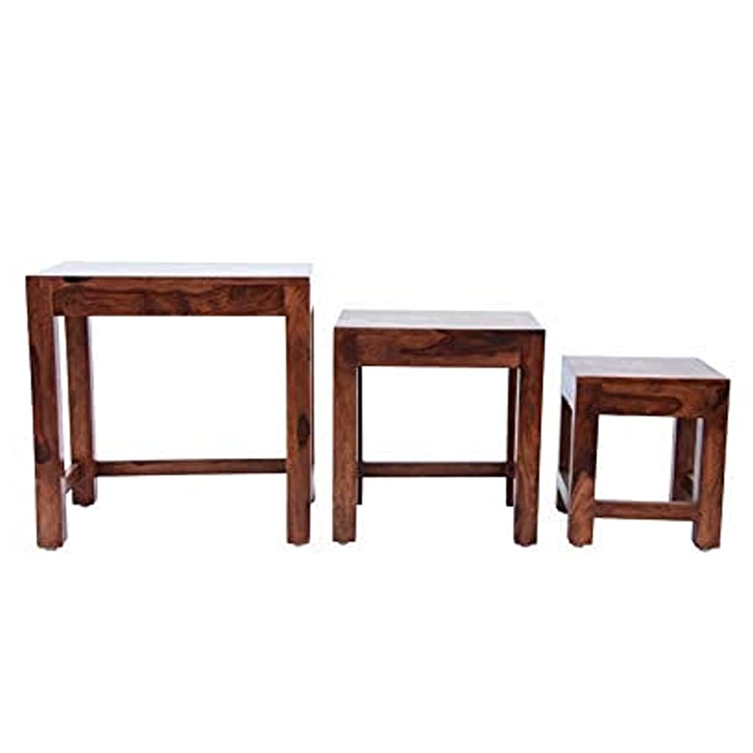 Sheesham Wood Nesting Stools for Living Room, Wooden Tables, Set of 3, Brown