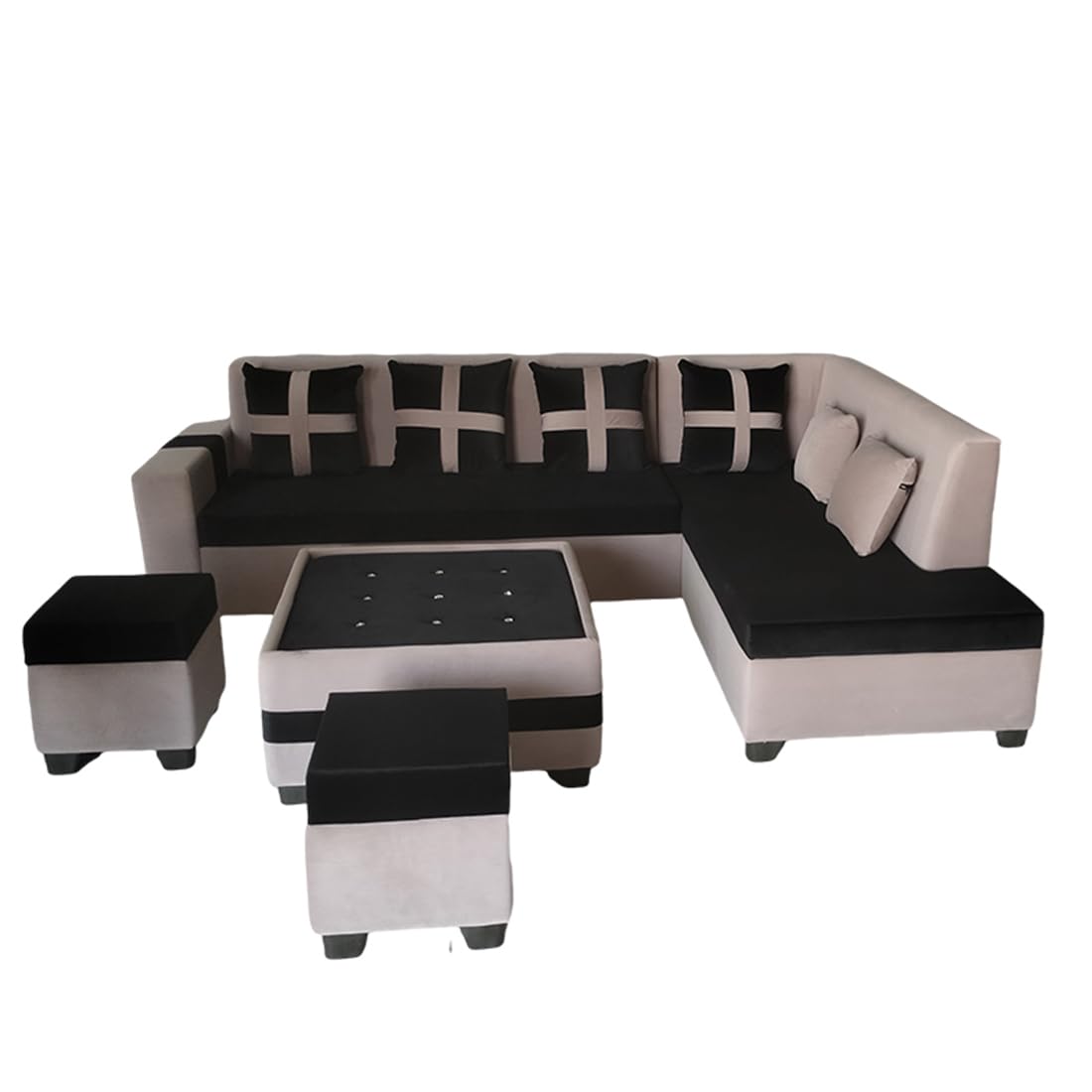 8 Seater Sofa Set, L Shape Sofa (Right Facing) 2 Ottoman, 6 Small Pillow with Coffee Table | Sofa for Home & Office Furniture
