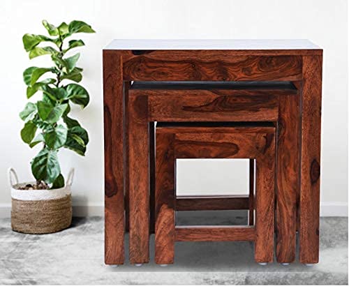 Sheesham Wood Nesting Stools for Living Room, Wooden Tables, Set of 3, Brown