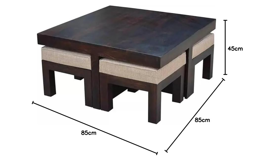 Premium Sheesham Wood Coffee Table for Living Room | Solid Wood Coffee Table, Center Table, Tea Table | Wooden Coffee Table with 4 Stool |Best Furniture for Home |Walnut Finish