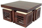 Sheesham Wood Coffee Table for Living Room with Capsule Cut Stool