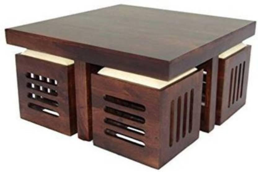 Sheesham Wood Coffee Table for Living Room with Capsule Cut Stool
