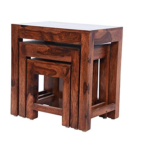 Sheesham Wood Nesting Stools for Living Room, Wooden Tables, Set of 3, Brown