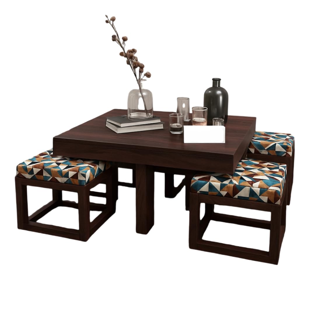 Premium Sheesham Wood Coffee Table for Living Room | Wooden Coffee Table with 4 Stool | Walnut Finish with Multicolor Printed Cushions