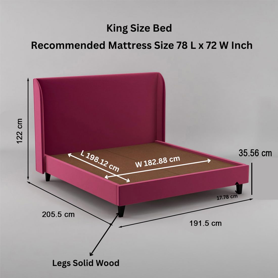 Engineered Wood Upholstered King Size Bed | Living Room Furniture - Velvet Pink Fabric