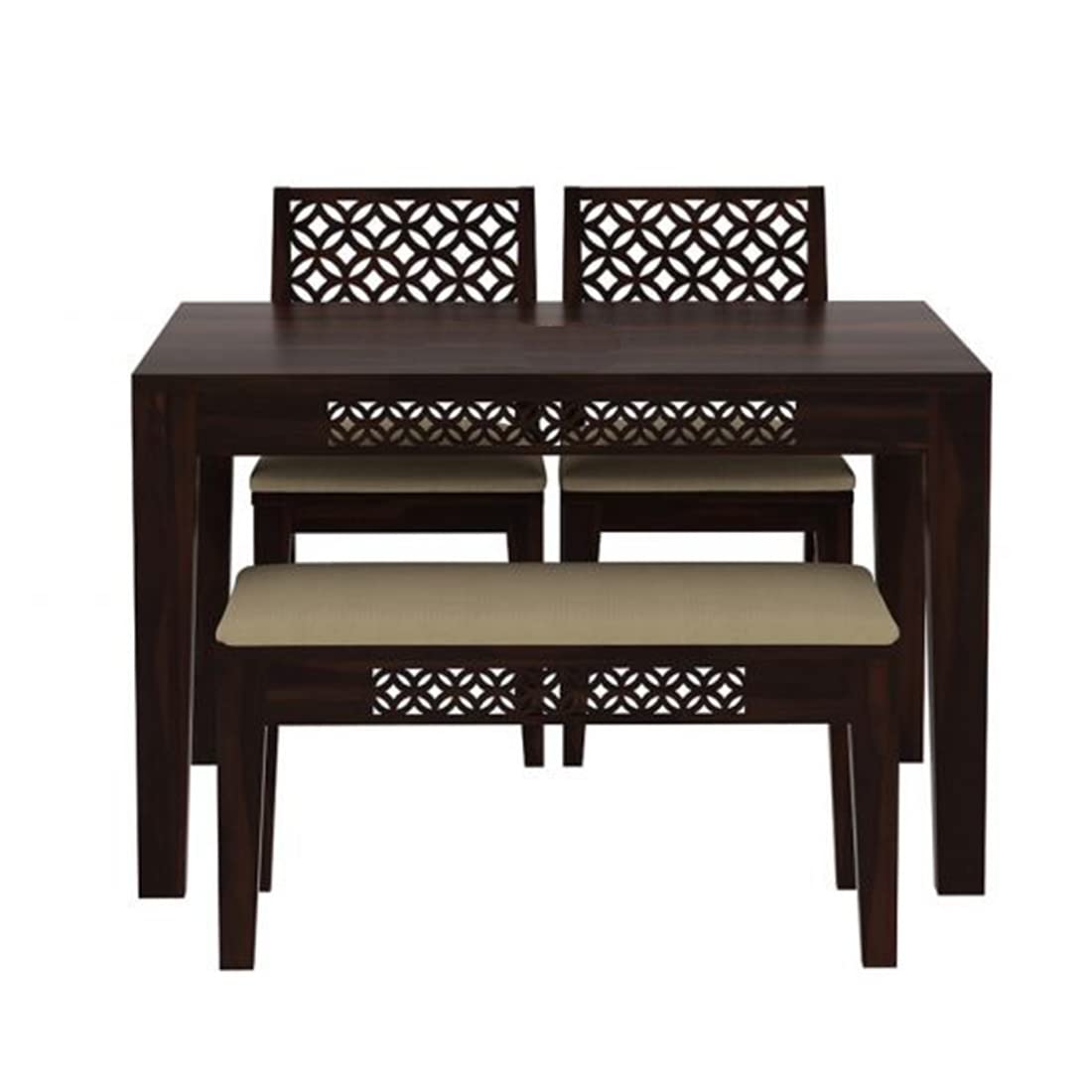 Sheesham Wood Dining Table(34x34) with 2 Chairs 1 Bench | 4 Seater Dining Set | Wooden Dining Table with Chair - Dining Room Furniture