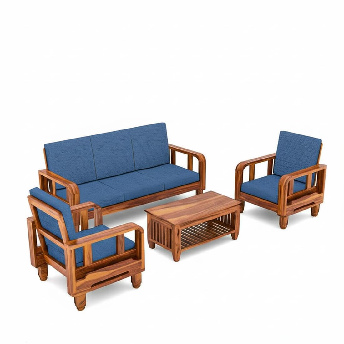 Solid Wood 5 Seater Wooden Sofa Set for Living Room Furniture 5 Seater 3+1+1 Fabric Sofa Set with Center Table