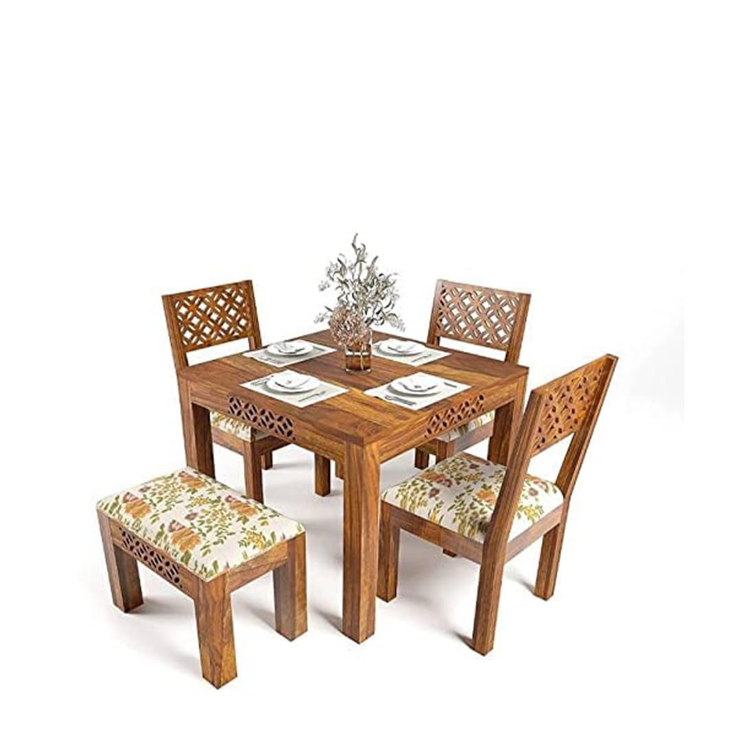 Sheesham Wood Dining Table(34x34) with 3 Chairs & 1 Bench | 4 Seater Dining Set | Wooden Dining Table with Chair - Dining Room Furniture