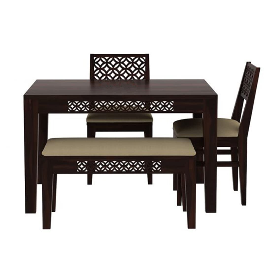 Sheesham Wood Dining Table(34x34) with 2 Chairs 1 Bench | 4 Seater Dining Set | Wooden Dining Table with Chair - Dining Room Furniture