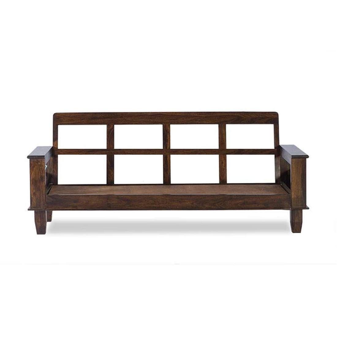 Solid Sheesham Wood 3 Seater Wooden Sofa Set with Brown Cushions 3 Seater Sofa