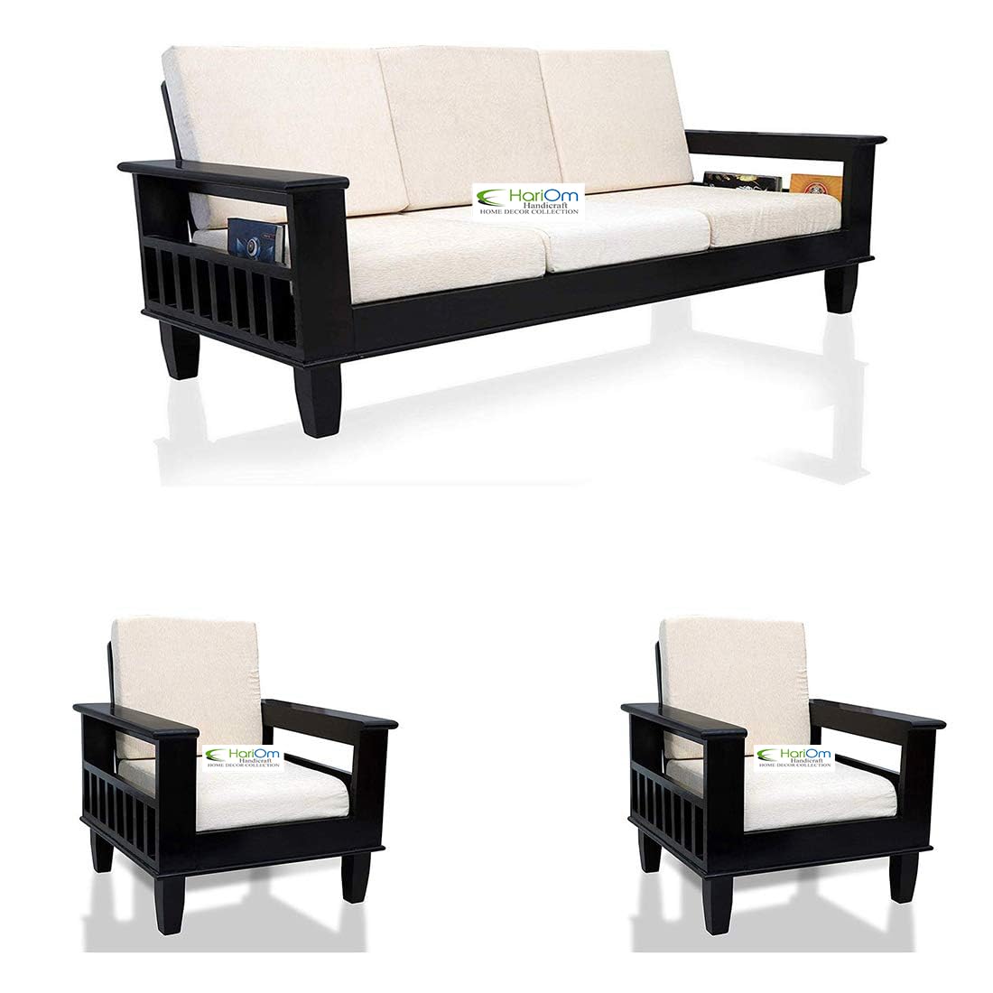 KendalWood Furniture Walnut Black Finish Solid Sheesham Wood 3+1+1 5 Seater Sofa Set with Cushions