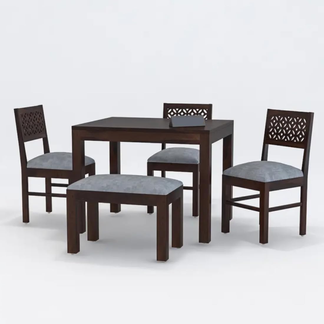 Sheesham Wood CNC Cuting Dining Table with 3 Chairs with 1 Bench | 4 Seater Dining Set- Dining Room Furniture