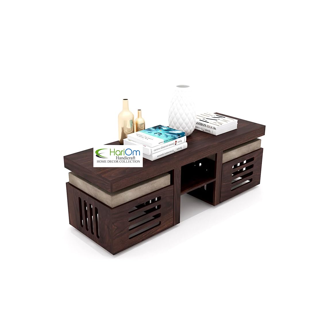 KendalWood Furniture Sheesham Wood Center Coffee Table with 2 Wooden Stools Cream Cushion for Living Room