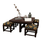 Premium Sheesham Wood Coffee Table for Living Room | Wooden Coffee Table with 4 Stool | Walnut Finish with Flower Printed Cushions