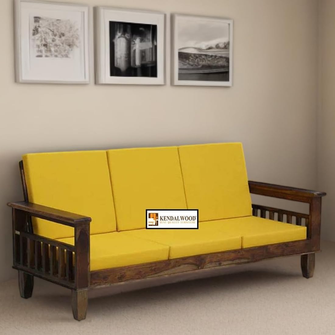 Solid Wood 3 Seater Wooden Sofa Set for Living Room Furniture Fabric 3 Seater Sofa