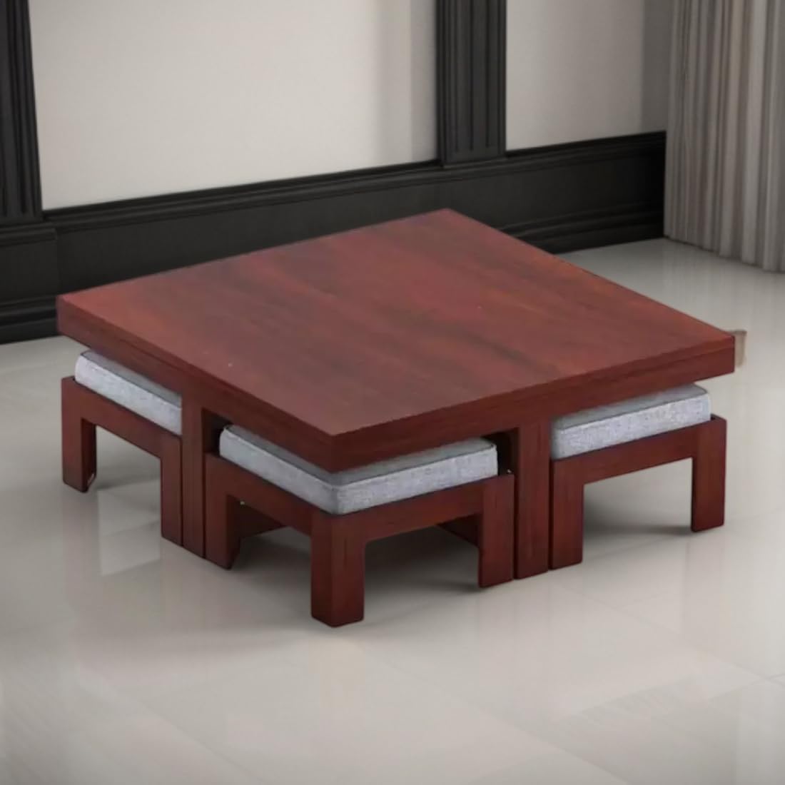 Premium Sheesham Wood Coffee Table for Living Room | Wooden Coffee Table with 4 Stool |Best Furniture for Home