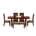 Furniture Sheesham Wood Dining Table with 4 Poster Chairs, 1 Bench |6 Seater Dining Set | Dining Room Furniture