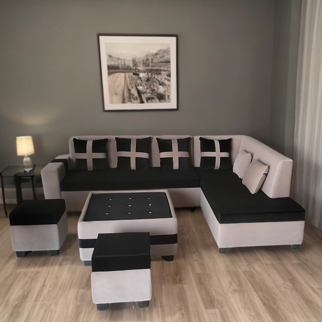 8 Seater Sofa Set, L Shape Sofa (Right Facing) 2 Ottoman, 6 Small Pillow with Coffee Table | Sofa for Home & Office Furniture