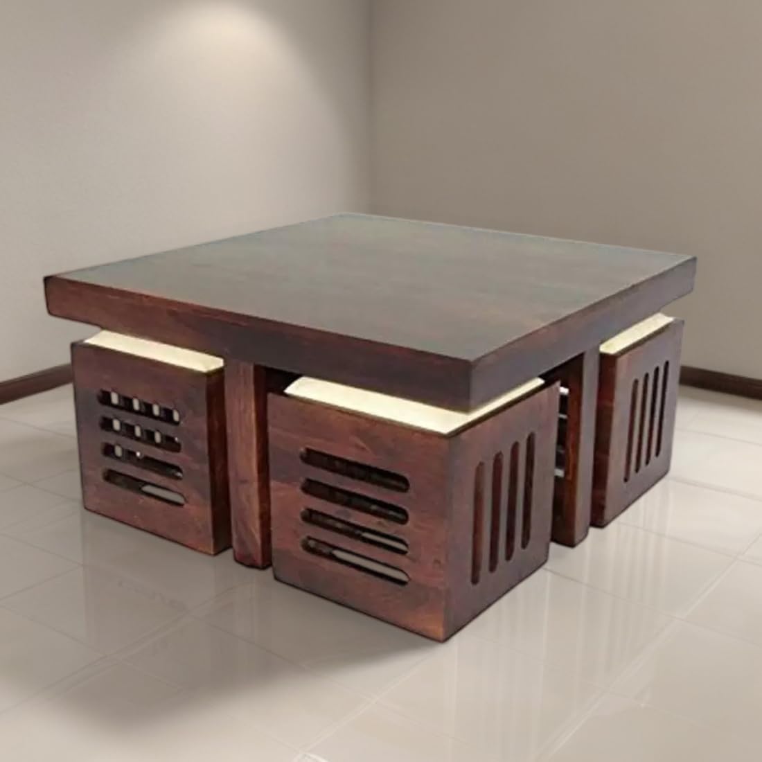 Premium Sheesham Wood Coffee Table for Living Room | Wooden Coffee Table with 4 Stool |Best Furniture for Home
