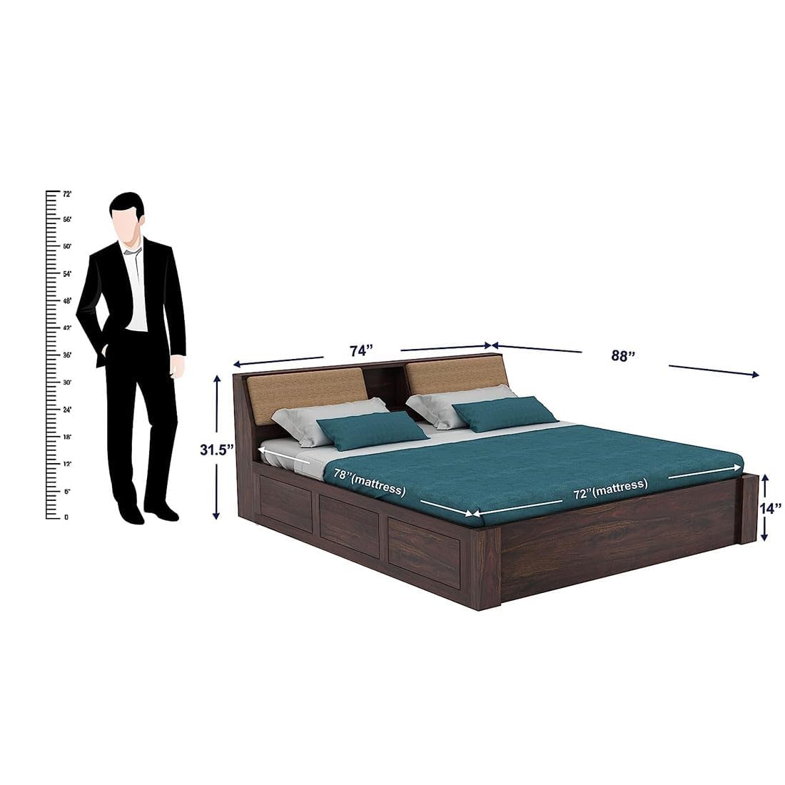 Sheesham Wood Bed with Box Storage | Solid Wood Bed for Bedroom, Living Room | Wooden Bed King Size | Mattress not Included | Walnut Finish