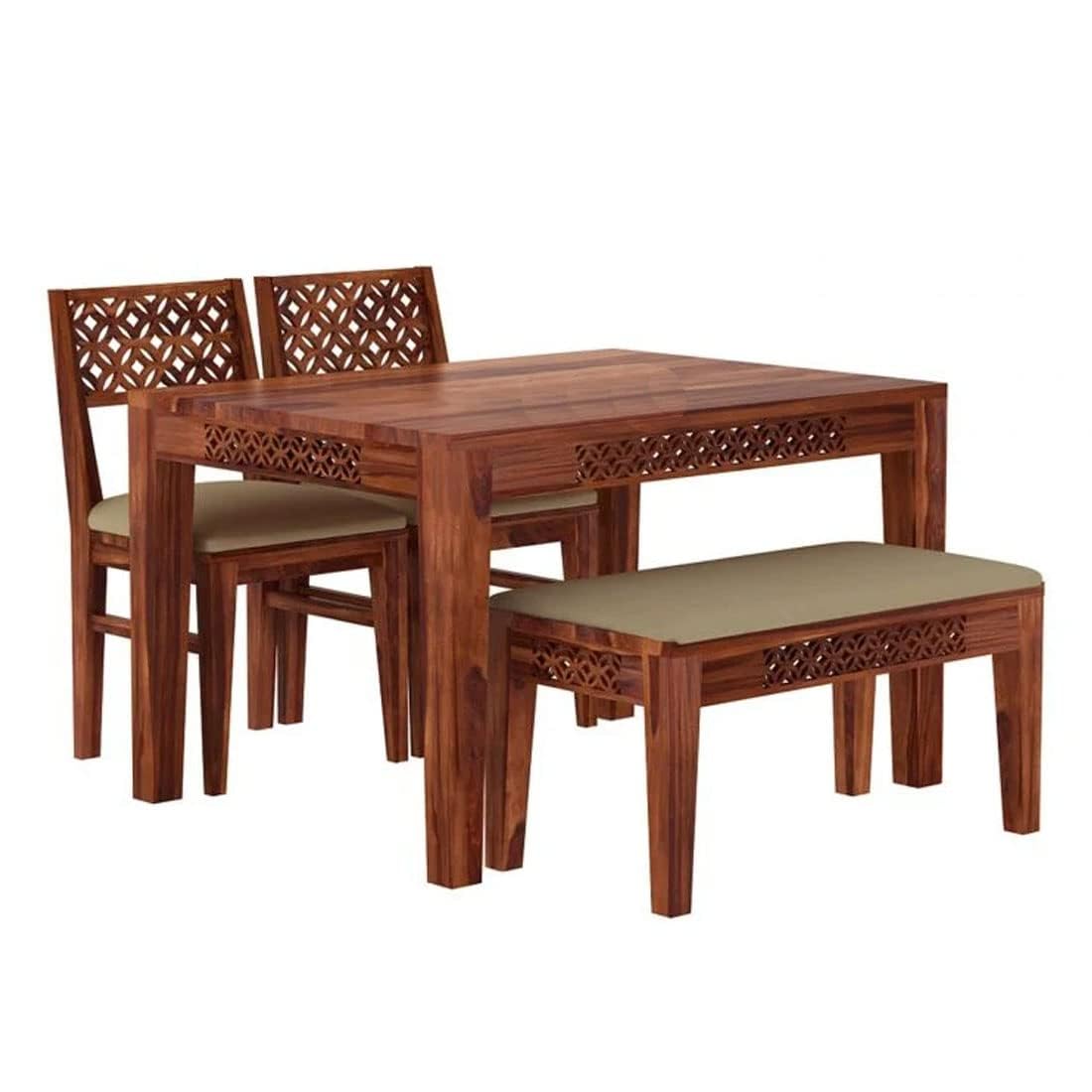 Sheesham Wood Dining Table (34x34) with 2 Chairs 1 Bench | 4 Seater Dining Set | Wooden Dining Table with Chair | Dining Room Furniture