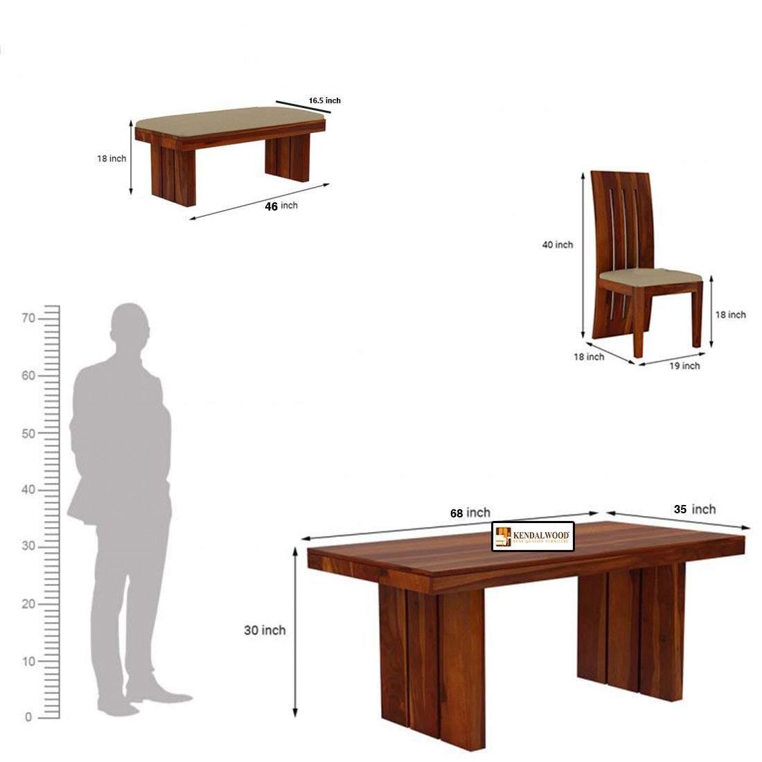 Furniture Sheesham Wood Dining Table with 4 Poster Chairs, 1 Bench |6 Seater Dining Set | Dining Room Furniture