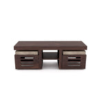 Sheesham Wood Center Coffee Table with 2 Wooden Stools Cream Cushion for Living Room