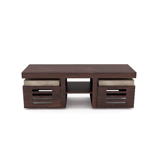 Sheesham Wood Center Coffee Table with 2 Wooden Stools Cream Cushion for Living Room