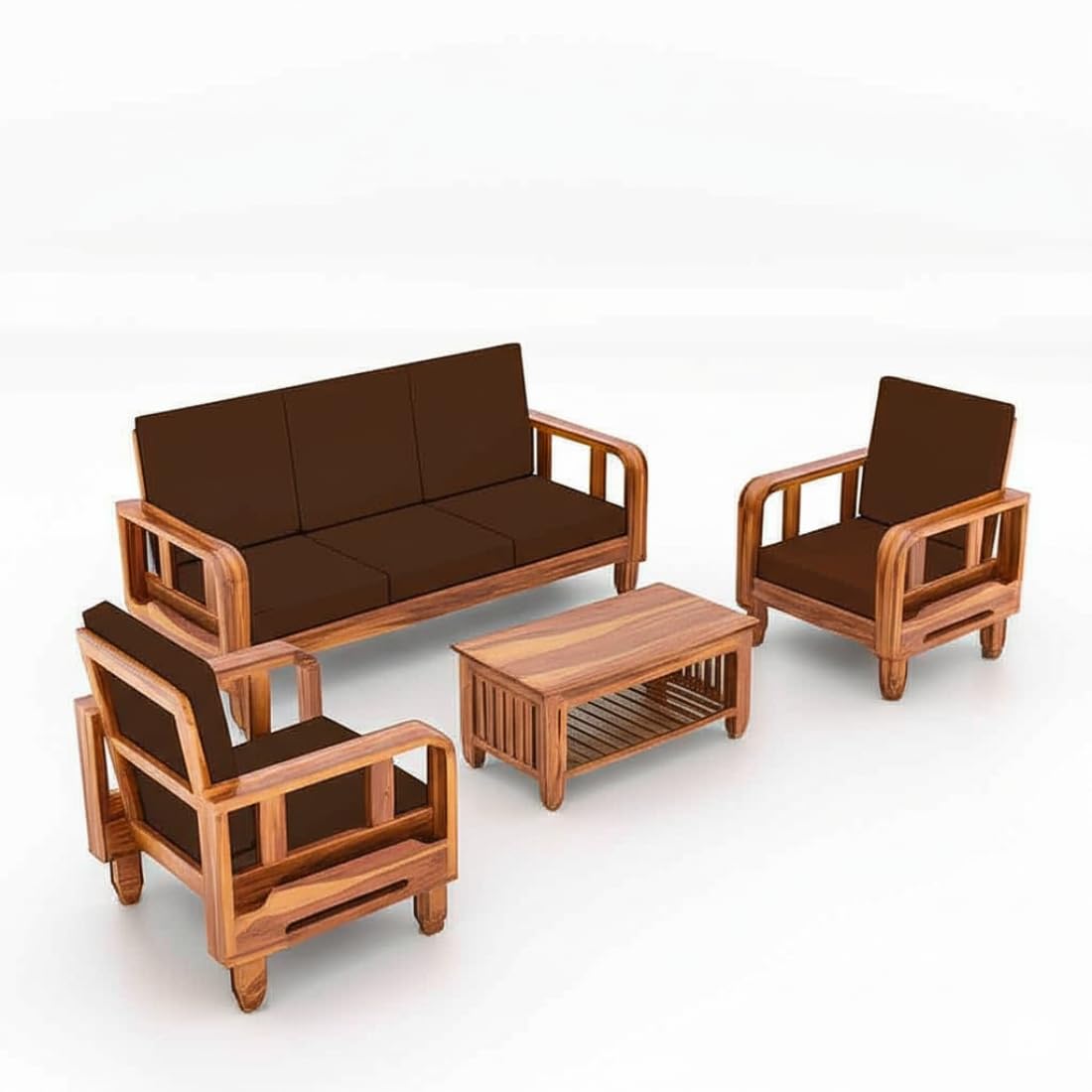 Solid Wood 5 Seater Wooden Sofa Set for Living Room Furniture 5 Seater 3+1+1 Fabric Sofa Set with Center Table