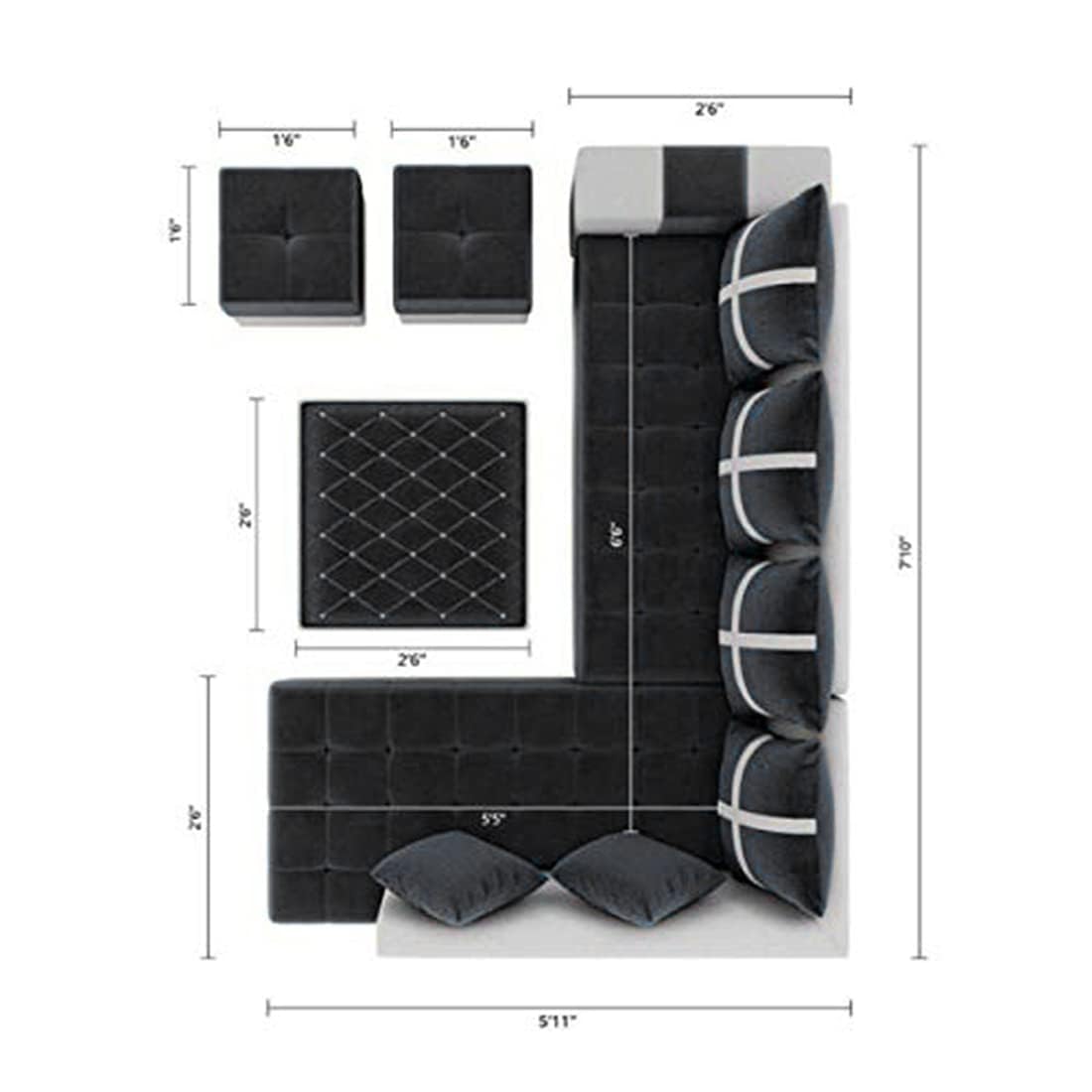 8 Seater Sofa Set, L Shape Sofa(Right Facing) 2 Ottoman, 6 Small Pillow with Coffee Table for Living Room Furniture | Sofa for Home & Office Furniture