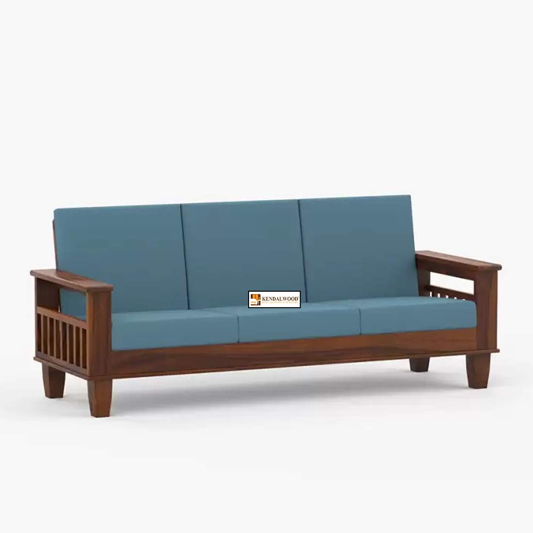 Solid Sheesham Wood 3 Seater Wooden Sofa Set with Brown Cushions 3 Seater Sofa
