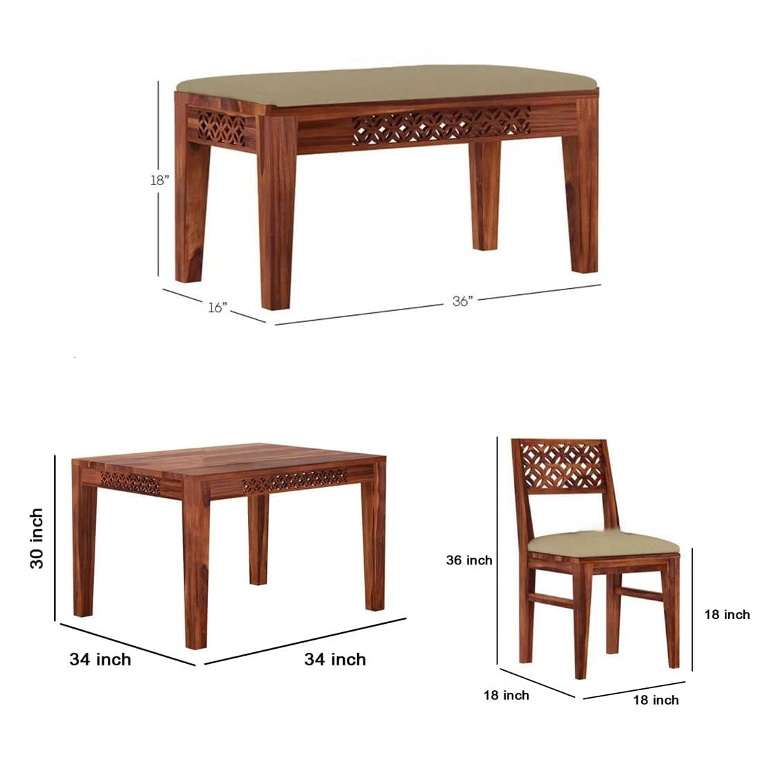 Sheesham Wood Dining Table (34x34) with 2 Chairs 1 Bench | 4 Seater Dining Set | Wooden Dining Table with Chair | Dining Room Furniture