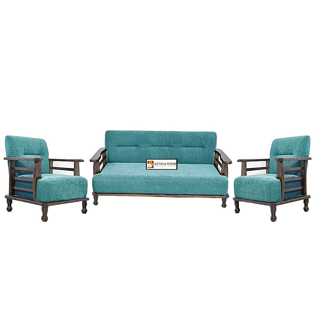 Solid Sheesham Wood Sofa Set | Wooden Sofa Set | Pre Assembled (Ready to Use) | Fabric 3 + 1 + 1 Natural