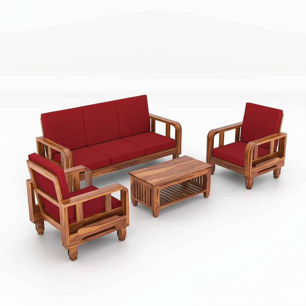 Solid Wood 5 Seater Wooden Sofa Set for Living Room Furniture 5 Seater 3+1+1 Fabric Sofa Set with Center Table