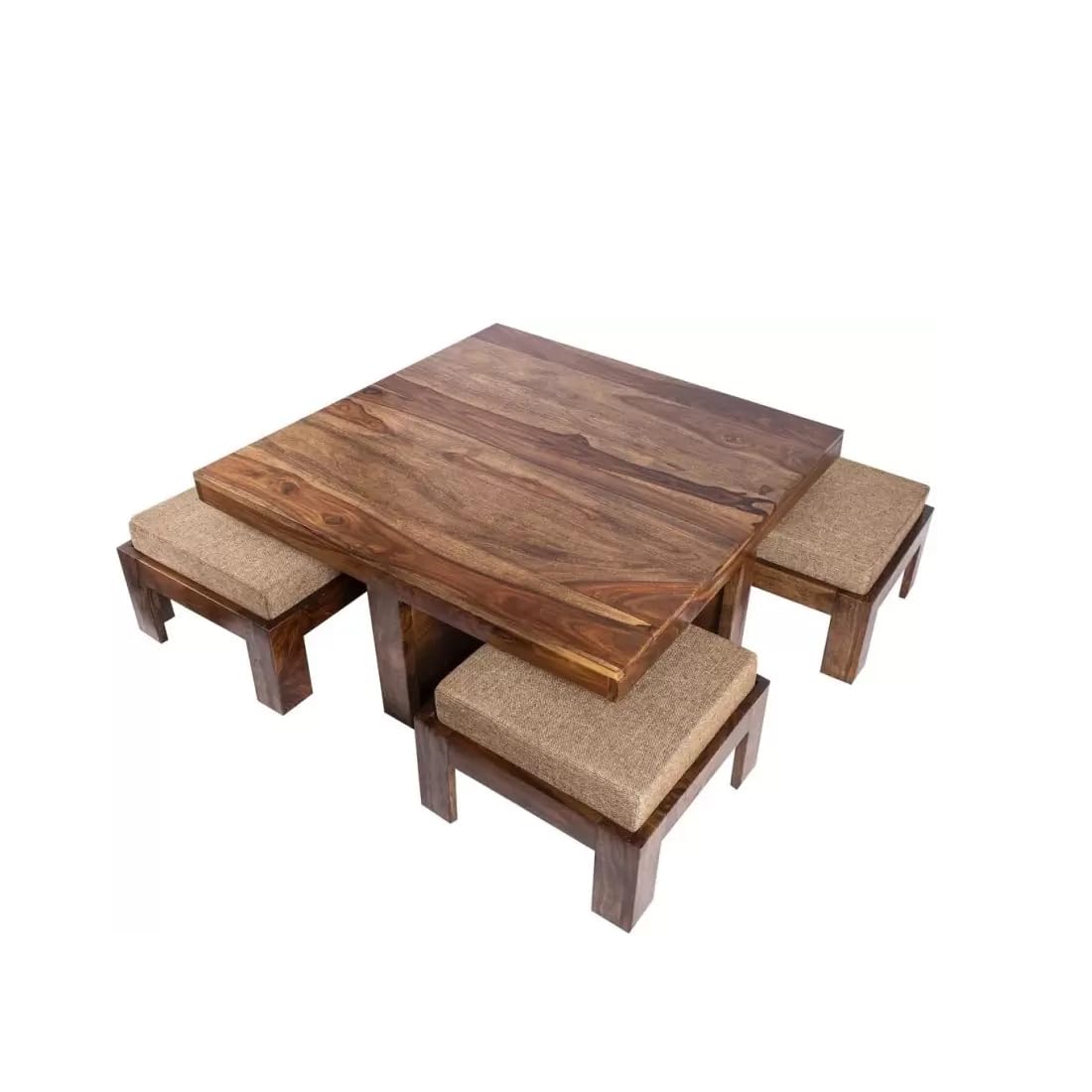 Premium Sheesham Wood Coffee Table for Living Room | Solid Wood Coffee Table, Center Table, Tea Table | Wooden Coffee Table with 4 Stool |Best Furniture for Home