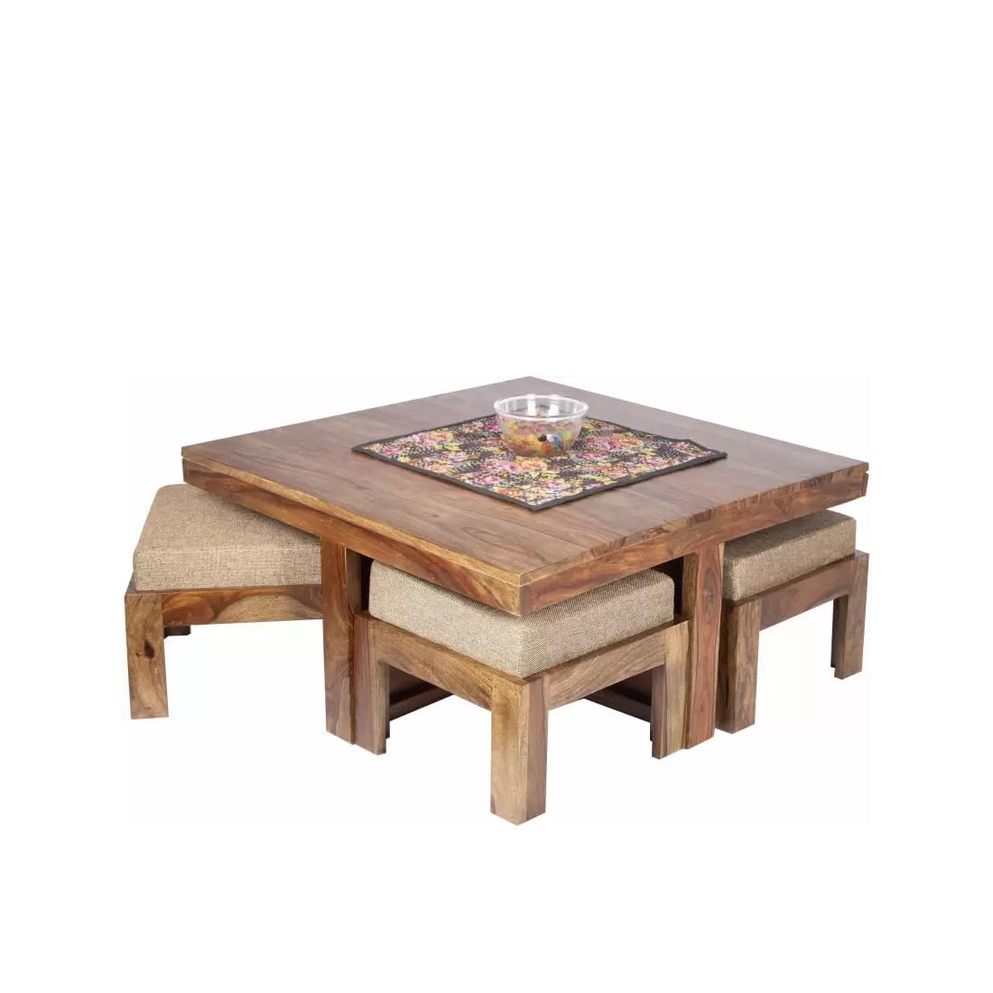 Premium Sheesham Wood Coffee Table for Living Room | Solid Wood Coffee Table, Center Table, Tea Table | Wooden Coffee Table with 4 Stool |Best Furniture for Home