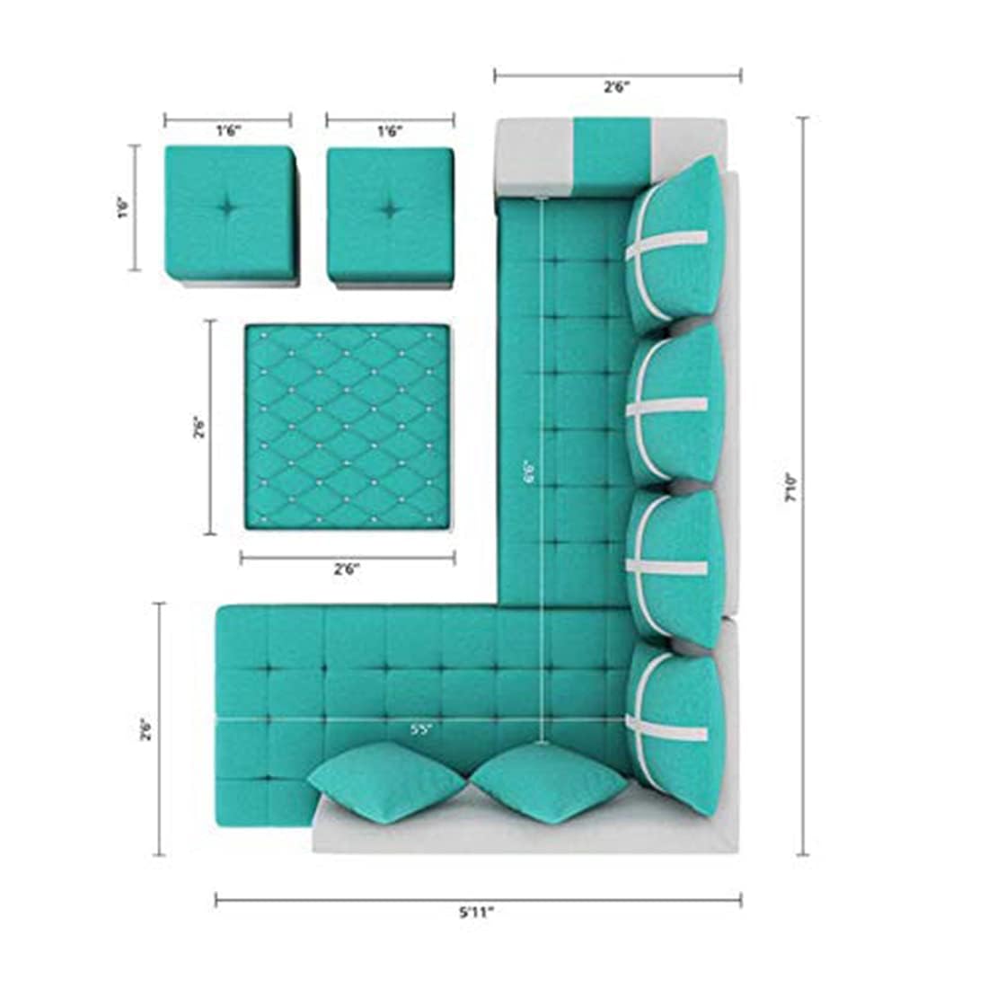 8 Seater Sofa Set, L Shape Sofa (Right Facing) 2 Ottoman, 6 Small Pillow with Coffee Table for Living Room Furniture | Sofa for Home & Office Furniture