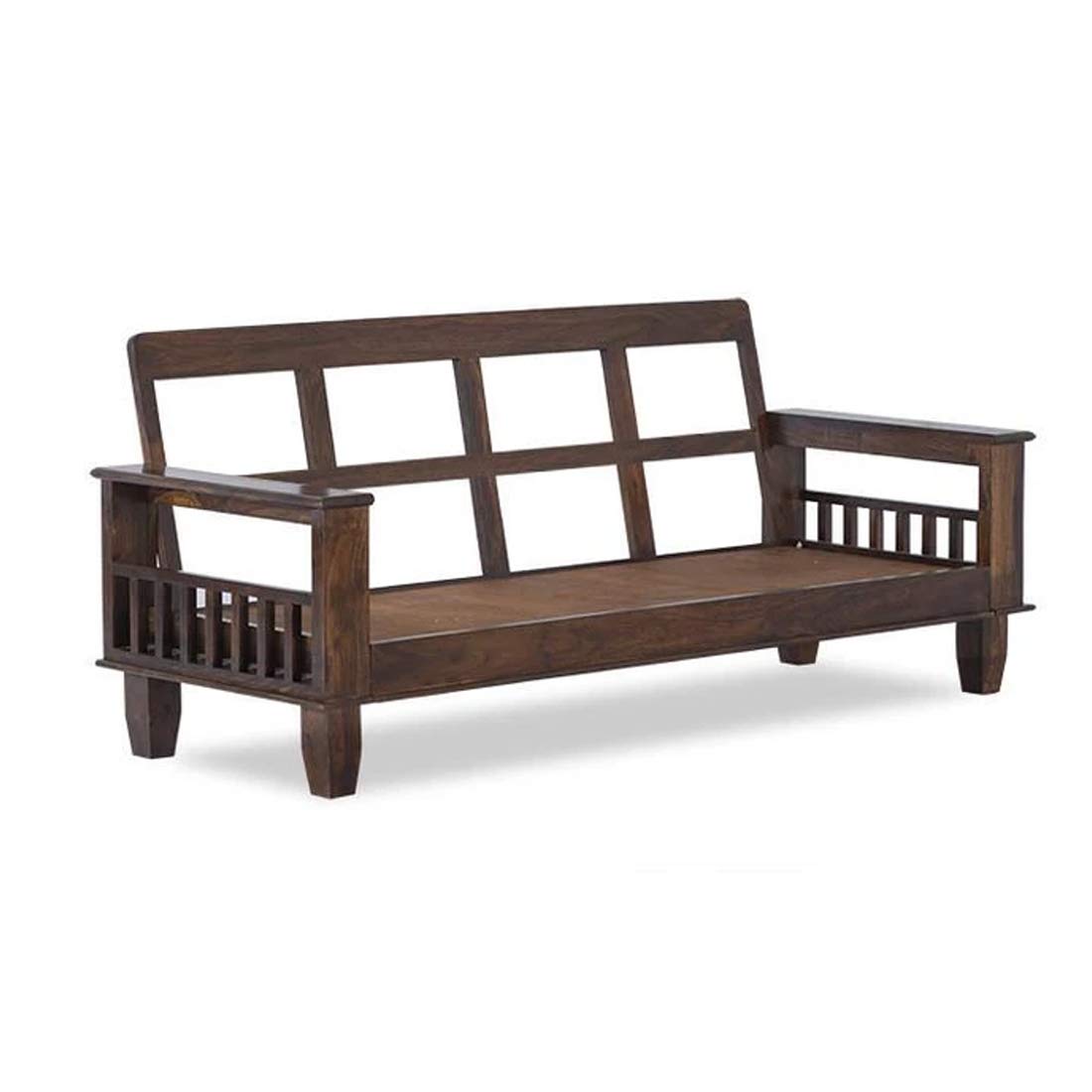 Solid Sheesham Wood 3 Seater Wooden Sofa Set with Brown Cushions 3 Seater Sofa