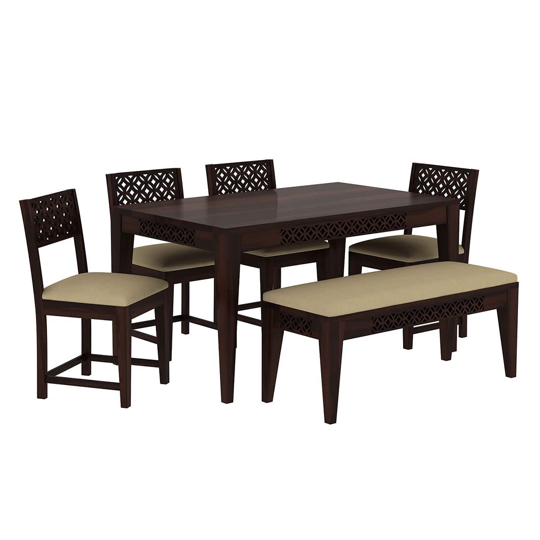 Sheesham Wood CNC Cuting Dining Table with 4 Chairs with 1 Bench|6 Seater Dining Set- Dining Room Furniture