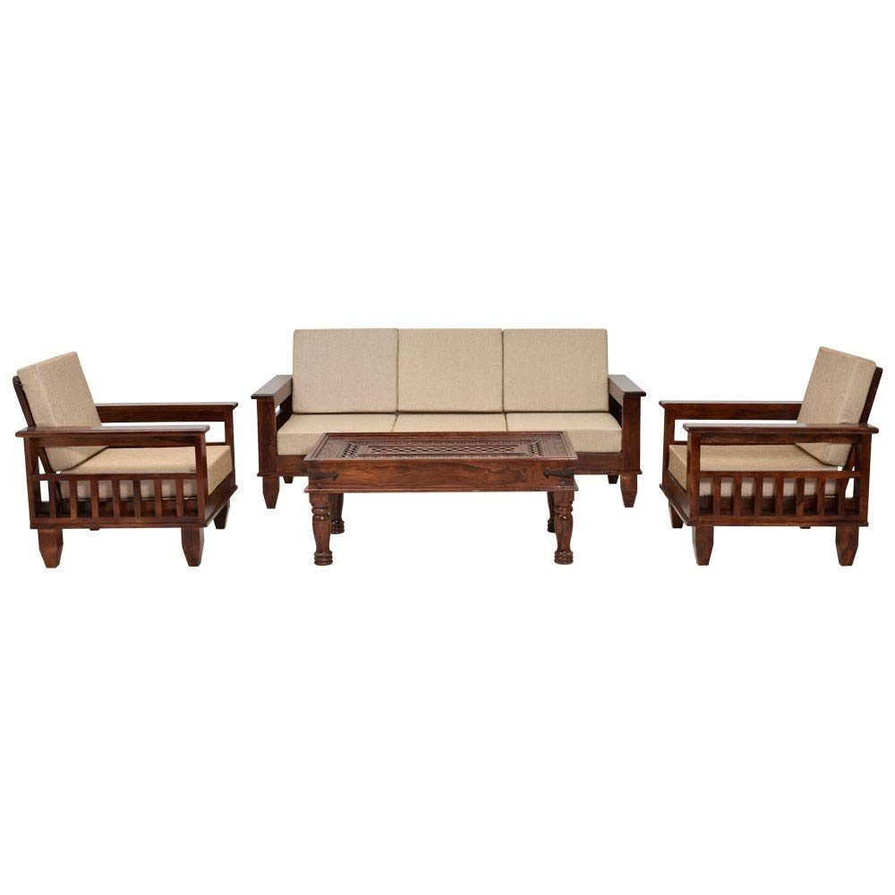 Solid Sheesham Wood 5 Seater Sofa Set | Living Room Wooden Sofa Set 3+1+1With Cushions