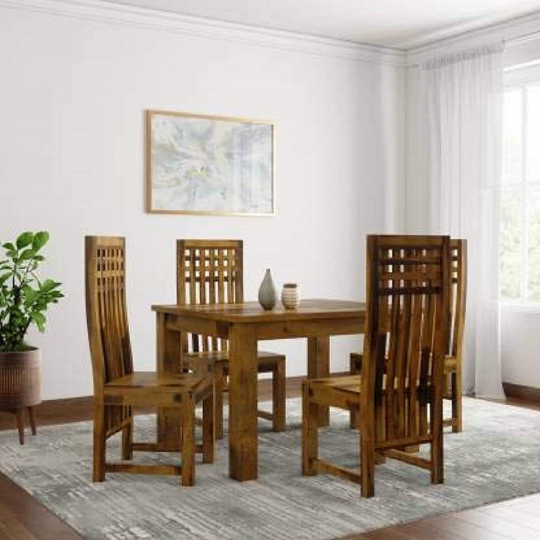 Sheesham Wood Square Dining Table with 4 Chairs | Dining Room Furniture 4 Seater Dining Set
