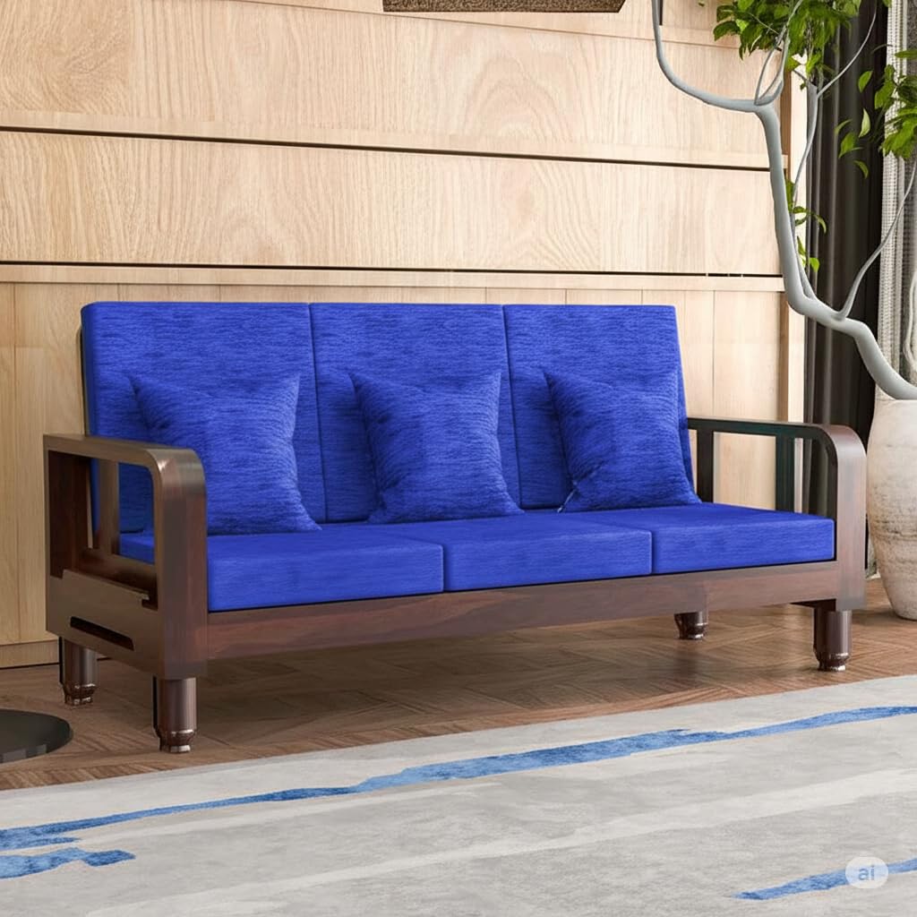 Solid Wood 3 Seater Wooden Sofa Set for Living Room Furniture Fabric 3 Seater Sofa