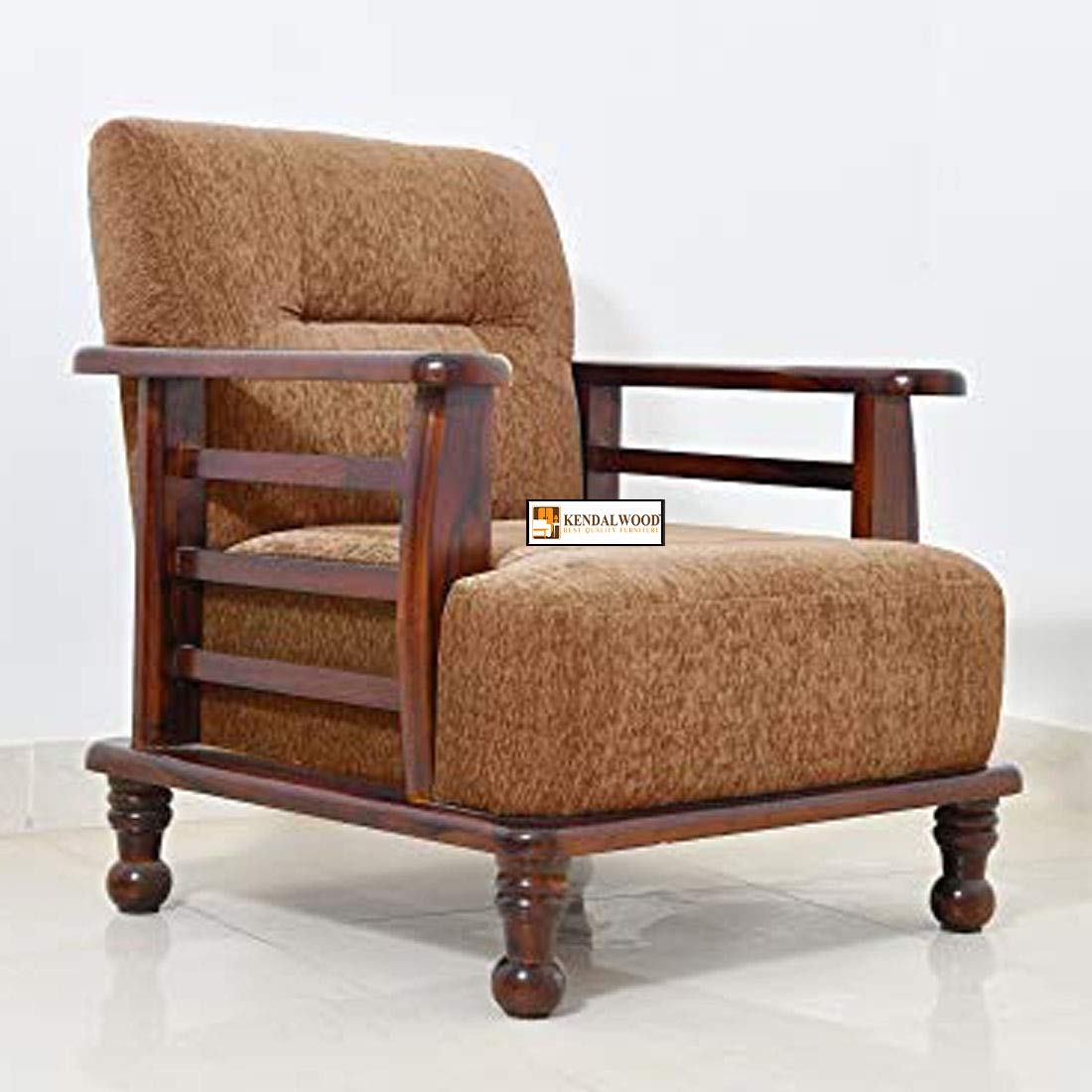 Solid Sheesham Wood Sofa Set | Wooden Sofa Set | Pre Assembled (Ready to Use) | Fabric 3 + 1 + 1 Natural