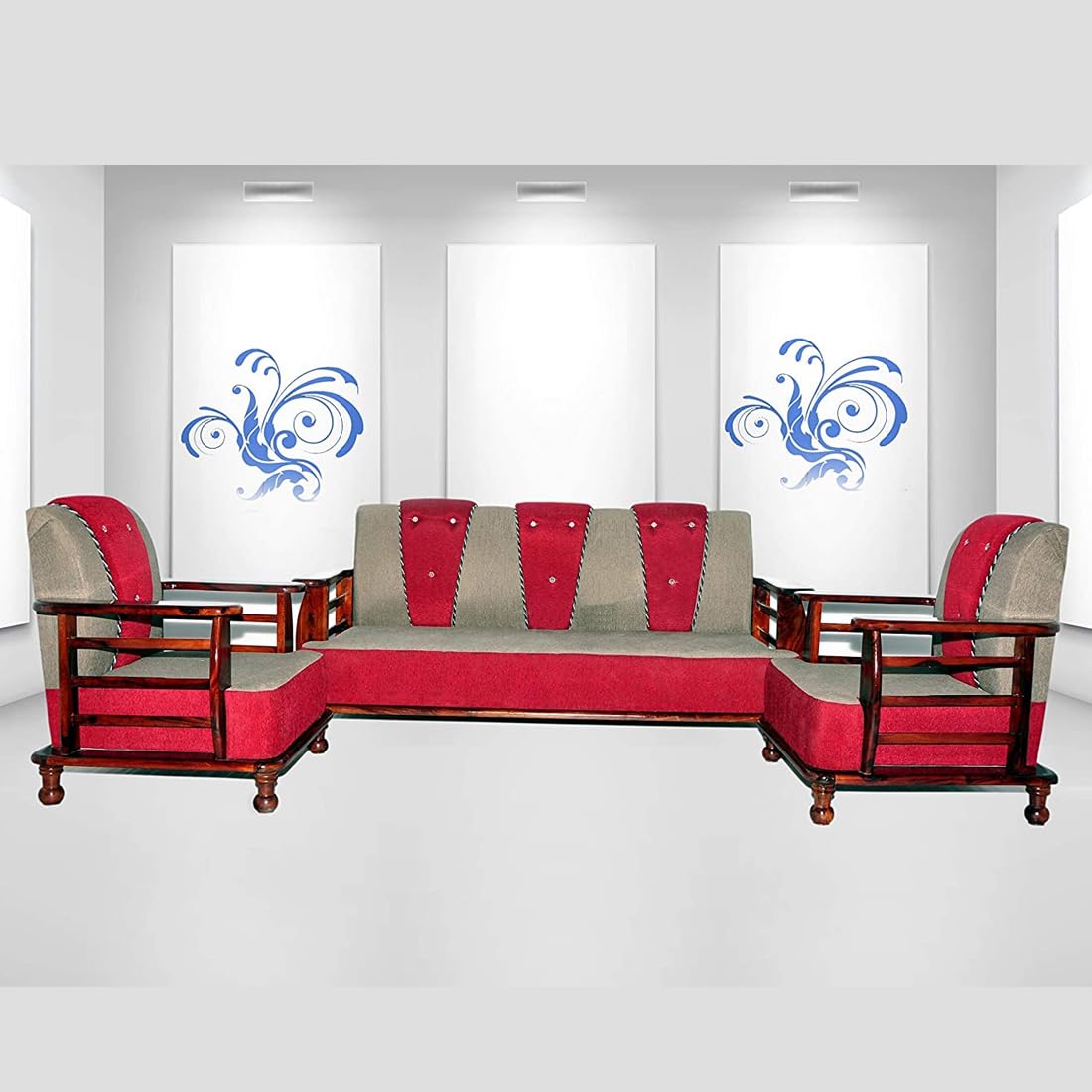 Solid Wood 5 Seater Wooden Sofa Set for Living Room Furniture | 3+1+1 Fabric Sofa Set Without Centre Table | Sofa for Home & Office Furniture